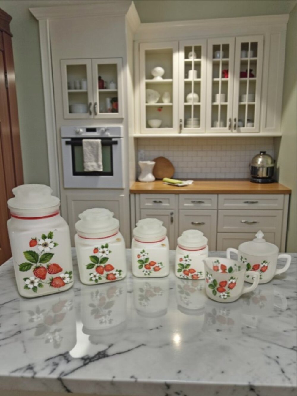 ANCHOR HOCKING -- RARE Set of Strawberry Canisters + Sugar/Cream Set, 1980's
